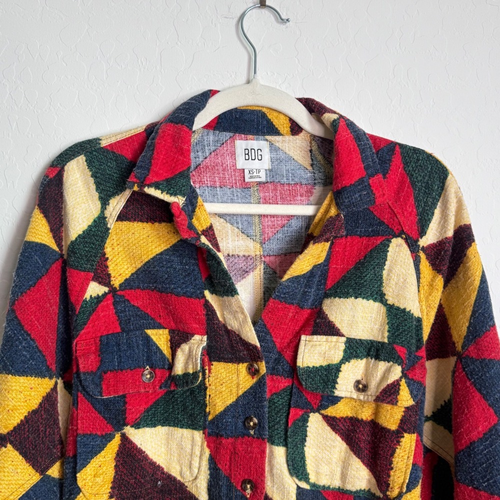 BDG Urban Outfitters Geometric Patchwork Woven Cotton Button Down Shacket XS - Picture 10 of 10